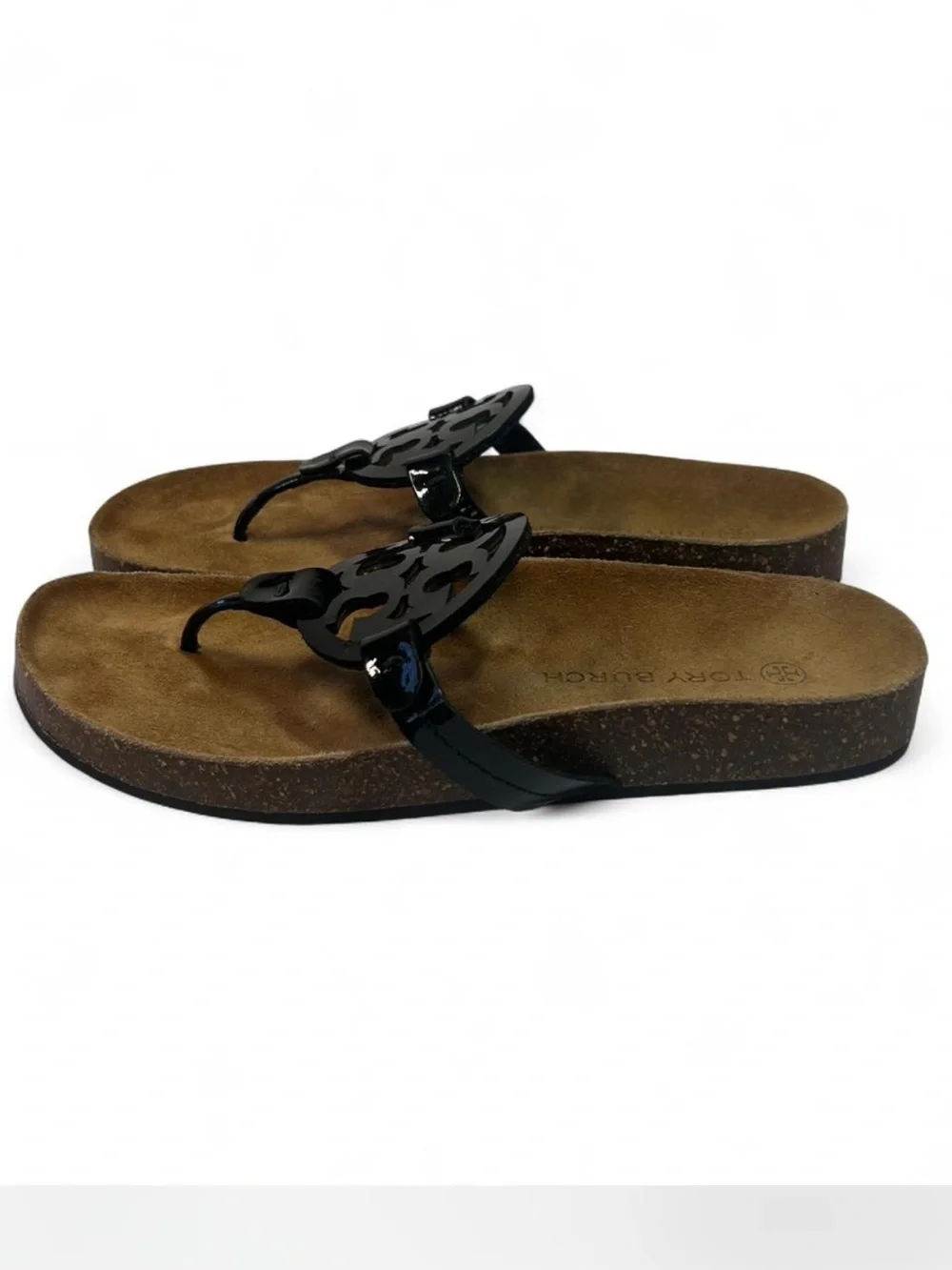 Tory Burch Miller Cloud Sandal in the Perfect Black / Natural colorway. Sz 9